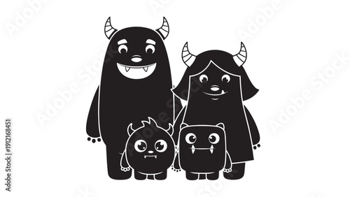 Whimsical black cartoon monster family posing together in a playful portrait.