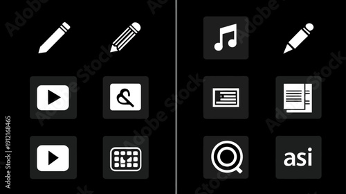 Modern white UI/UX icon set for digital interfaces, app development, and web design. Includes edit, video, music, search, and text symbols on a dark background.