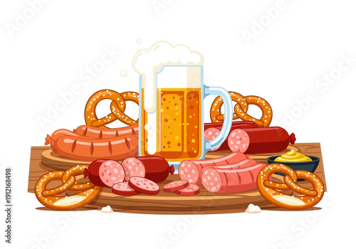 A flat illustration of beer sausages pretzels and mustard on a wooden board