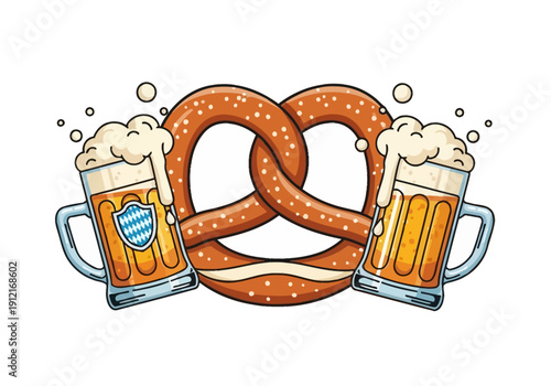 Cartoon illustration of a pretzel flanked by two overflowing mugs of beer