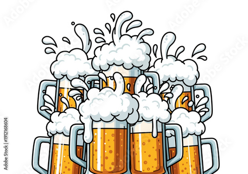 Cartoon illustration of many overflowing beer mugs clinking together