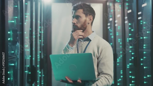 Technician diligently checks network hardware inside quiet data center with gentle hum and indicator lights