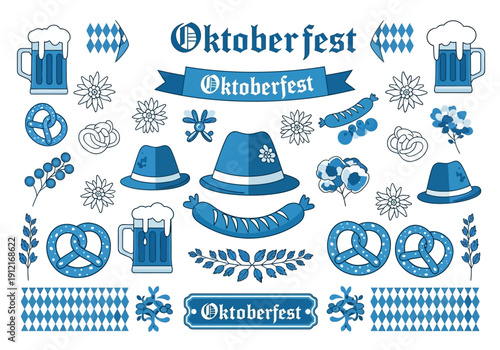 Collection of blue and white Oktoberfestthemed icons and banners