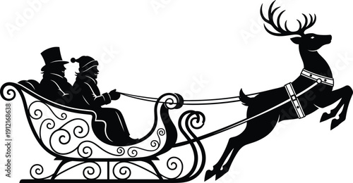 Christmas silhouette of Santa Claus riding in sleigh pulled by reindeer isolated on white background for holiday decoration design.