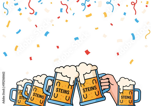 Five overflowing beer steins clinking amidst falling confetti and streamers