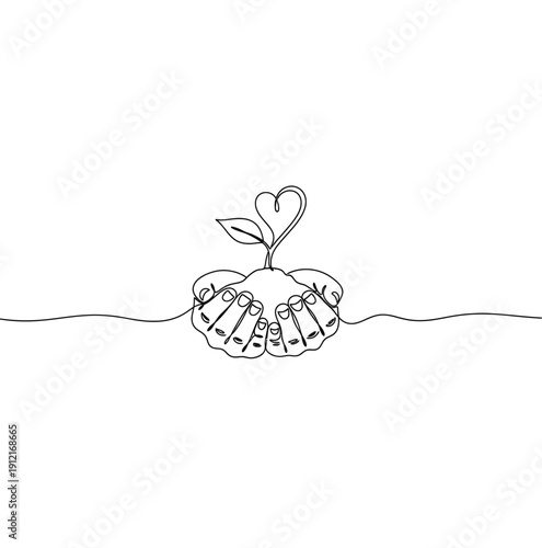 Hands nurturing a growing plant with heart shaped leaf