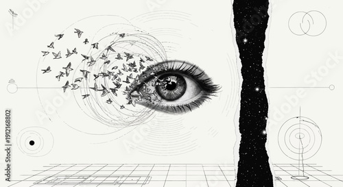 Surreal eye with swirling birds and geometric patterns emerge