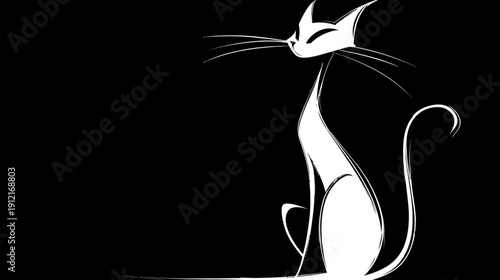 Elegant and Stylish White Cat Illustration. Sleek Feline Silhouette with Long Whiskers Sitting Gracefully on Black Background.