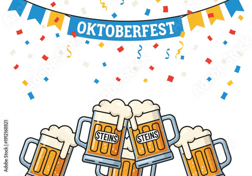 Illustration of Oktoberfest with clinking beer steins confetti and a banner