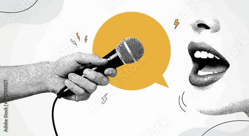 Person holding microphone speaking loudly with speech bubble 