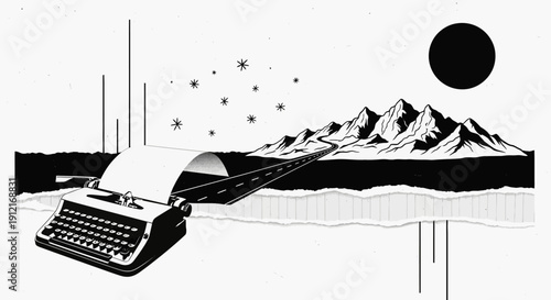 Typewriter sits on road to mountain range at night with stars
