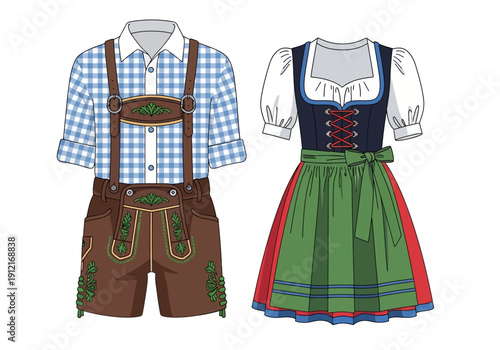 Illustration of traditional German attire Lederhosen and Dirndl