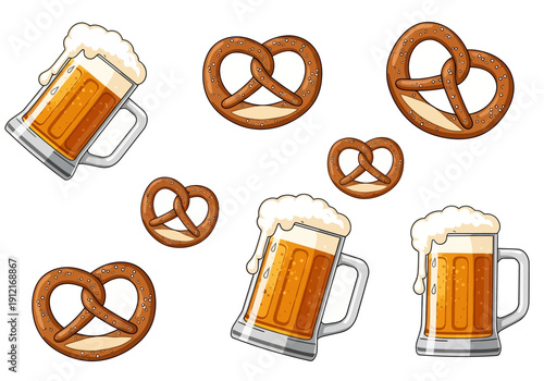 Illustrations of beer steins and pretzels scattered on a white background