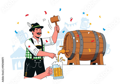 Man in Lederhosen tapping a wooden beer keg with a mallet