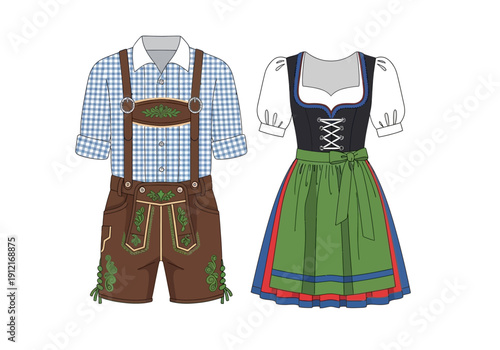 Illustration of traditional German attire Lederhosen and Dirndl outfits