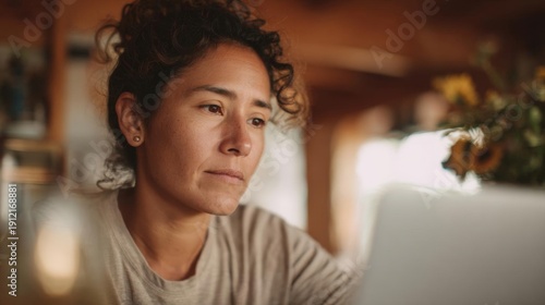 Close-up portrait of a middle-aged woman with curly hair. she is sitting in front of a laptop computer and appears to be focused on the screen.