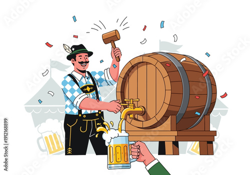 Man in traditional attire taps a beer keg pouring a mug