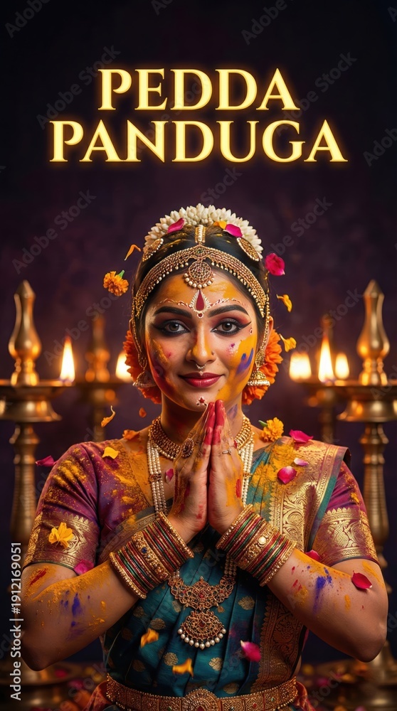 Fototapeta premium Portrait of a Indian dancer adorned with colorful powders and flowers during a festival Pedda Panduga