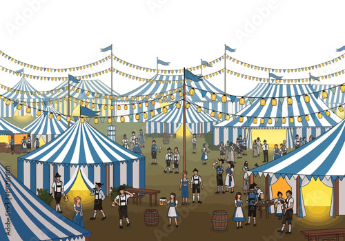 Oktoberfeststyle festival grounds filled with blue and white striped tents and costumed people