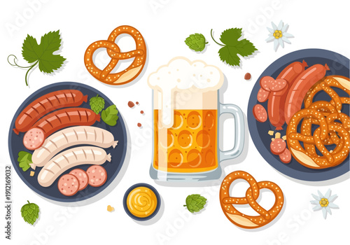 Overhead view of beer sausages and pretzels on a white background