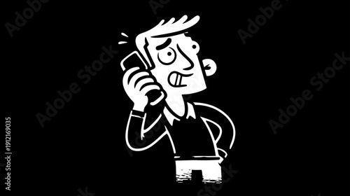 Puzzled cartoon man talking on a mobile phone, black and white vector illustration depicting communication, surprise, or bad news.