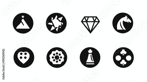 Set of various black and white game and strategy icons for challenge, success, adventure, and casino concepts
