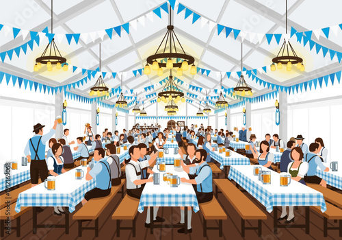 People in traditional attire celebrating in a brightly lit beer tent with blue and white decor