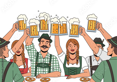People in traditional German attire raising beer steins and pretzels