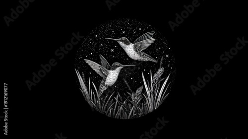 Detailed black and white illustration of two hummingbirds flying over lush grass under a starry night sky, natural wildlife artwork.