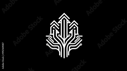 Abstract technological tree with circuit board lines and upward arrows, symbolizing digital growth, innovation, and network connection.