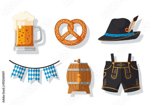 Six flatstyle Oktoberfest icons on a white background