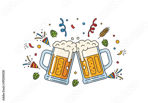 Two overflowing beer mugs clinking amidst confetti hops and wheat