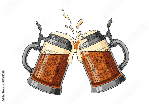 Two ornamental beer steins clashing spilling foam