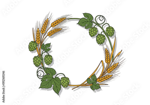 Wreath illustration of barley stalks and green hop cones on white background