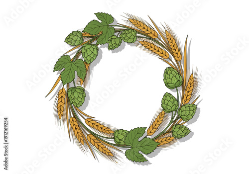 Wreath made of green hop cones leaves and golden wheat stalks