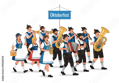 Bavarian band in traditional attire marching under an Oktoberfest banner
