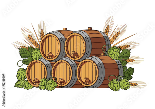 Stack of five wooden beer barrels decorated with hops and wheat stalks