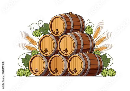 Stacked wooden barrels surrounded by hops and wheat ears illustration