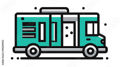 Modern Flat Design Teal Camper Van RV Illustration Icon for Road Trip, Travel, Vacation, and Adventure Concepts