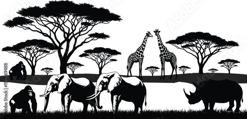 African safari wildlife silhouettes, elephants giraffes rhino and gorillas in savanna landscape vector