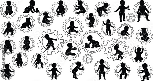 Baby silhouette collection inside gear wheels, concept of growth, development, learning process, life stages, and human progress in black vector style