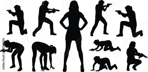 Female tactical silhouettes collection, women with guns in action poses isolated vector