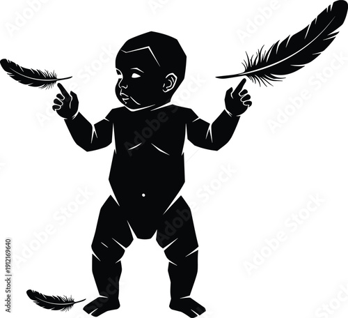 Baby silhouette holding feathers, innocent child illustration, playful infant design, symbolic freedom and imagination concept isolated on white background