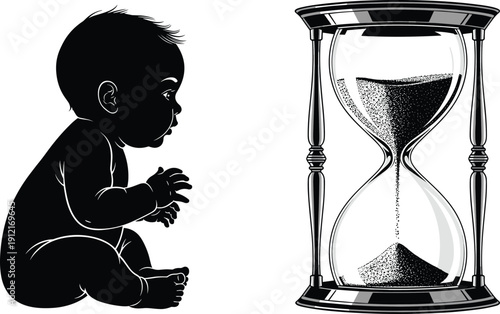Baby silhouette facing hourglass symbol, concept of time, childhood growth, life stages, patience, future, and fleeting moments in minimal vector illustration