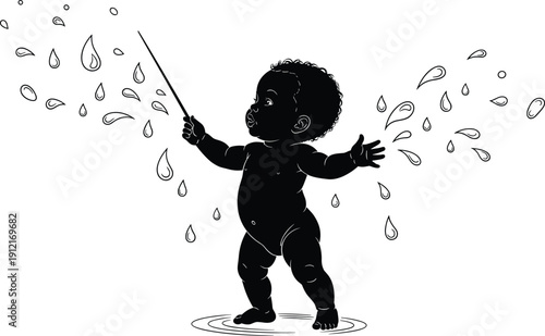 Baby silhouette playing in rain with stick, joyful child splashing water droplets, black and white vector illustration