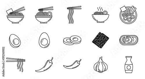 Asian food icons ramen noodle ingredients illustrated in black and white