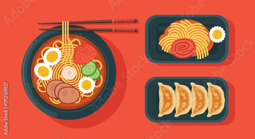 Asian cuisine illustration ramen noodles and dumplings on a red background