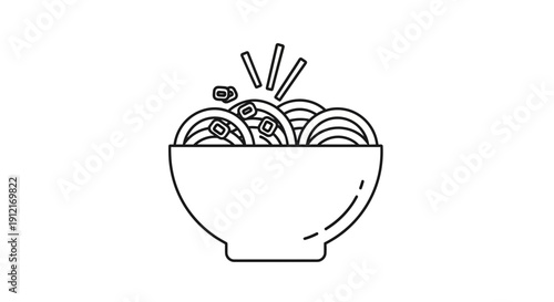 Black and white illustration of a bowl of noodles with toppings