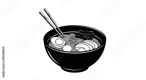 Black and white illustration of a bowl of ramen with chopsticks on white