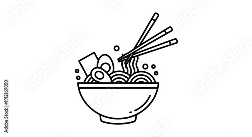 Black and white illustration of ramen bowl with noodles and chopsticks